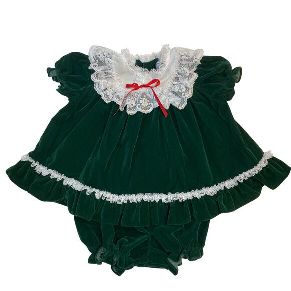 Vintage 80’s 90’s Sweet Liberty Green Velvet Lace Bow Bloomers Set Holiday Dress - Picture 1 of 11